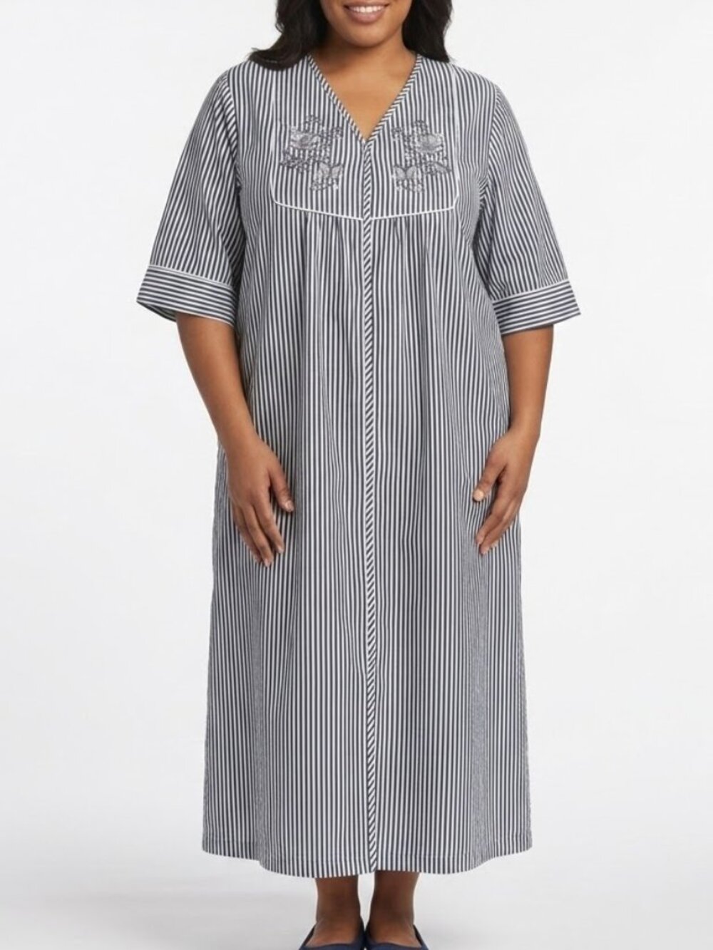 Casual Nights Whimsigoth Striped Seersucker Zipper Duster House Dress Robe 3X